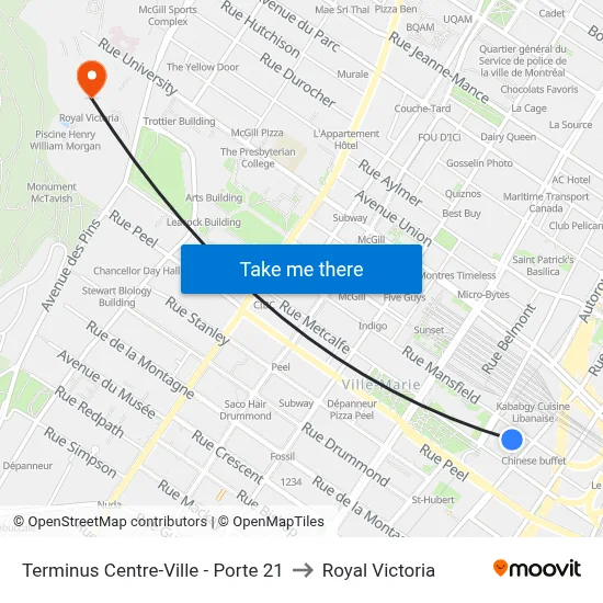 Terminus Centre-Ville - Porte 21 to Royal Victoria map