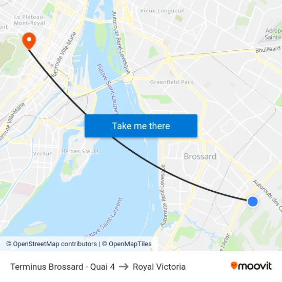 Terminus Brossard - Quai 4 to Royal Victoria map