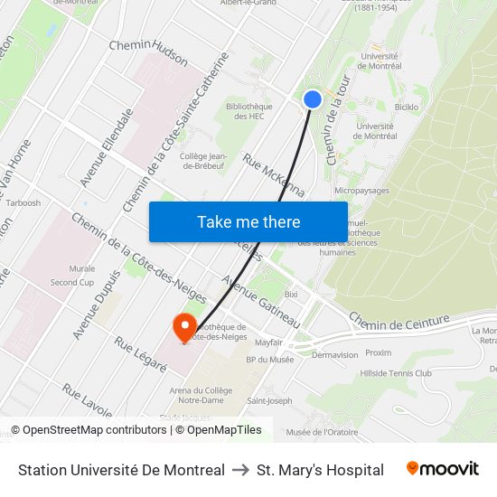 Station Université De Montreal to St. Mary's Hospital map