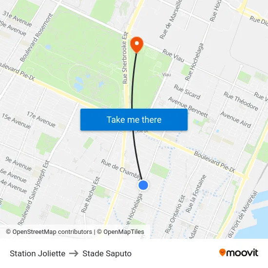 Station Joliette to Stade Saputo map