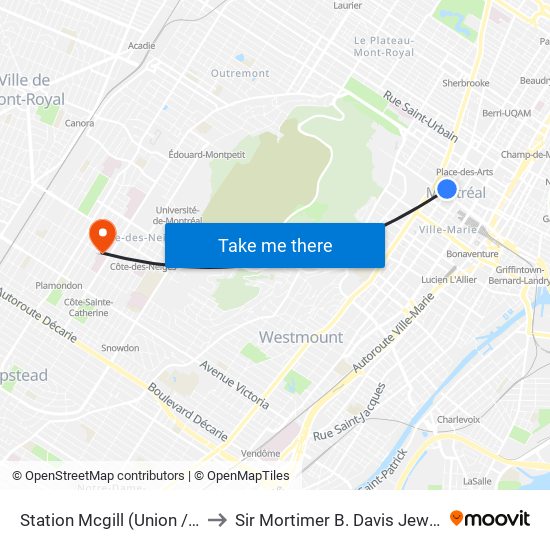Station Mcgill (Union / De Maisonneuve) to Sir Mortimer B. Davis Jewish General Hospital map