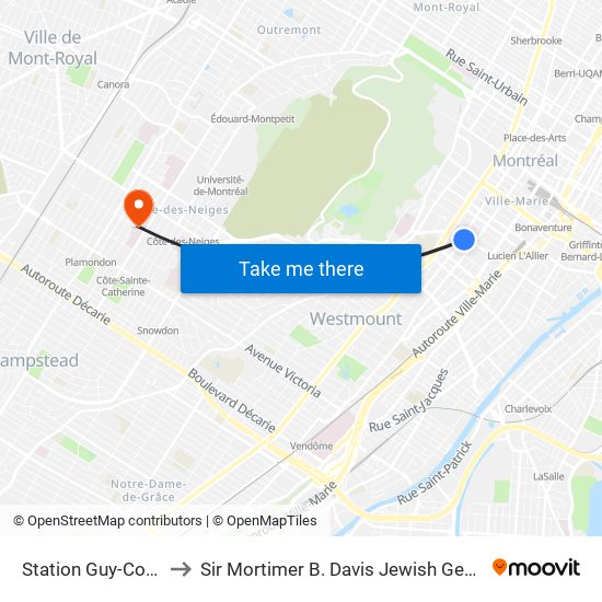 Station Guy-Concordia to Sir Mortimer B. Davis Jewish General Hospital map