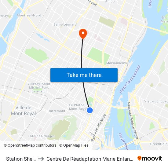 Station Sherbrooke to Centre De Réadaptation Marie Enfant (Chu Sainte-Justine) map