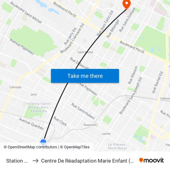 Station Acadie to Centre De Réadaptation Marie Enfant (Chu Sainte-Justine) map