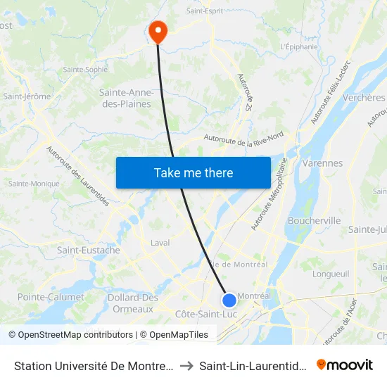 Station Université De Montreal to Saint-Lin-Laurentides map