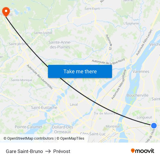 Gare Saint-Bruno to Prévost map