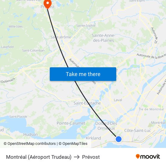 Montréal (Aéroport Trudeau) to Prévost map