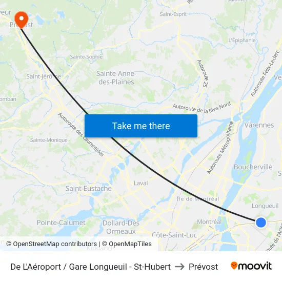 De L'Aéroport / Gare Longueuil - St-Hubert to Prévost map