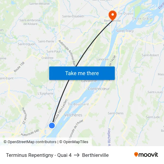 Terminus Repentigny - Quai 4 to Berthierville map