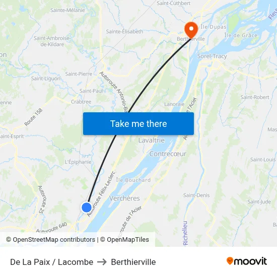 De La Paix / Lacombe to Berthierville map