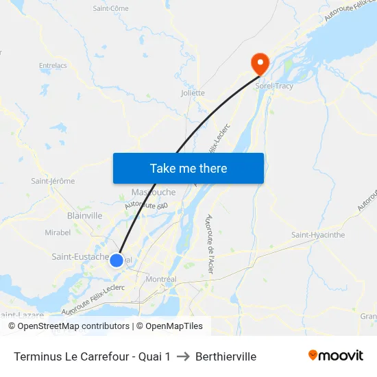 Terminus Le Carrefour - Quai 1 to Berthierville map