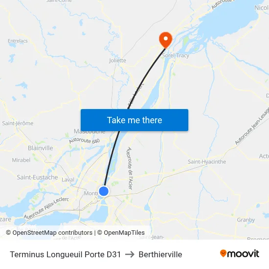 Terminus Longueuil Porte D31 to Berthierville map