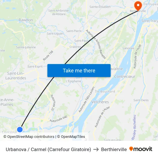 Urbanova / Carmel (Carrefour Giratoire) to Berthierville map