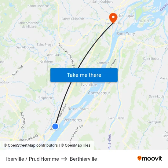 Iberville / Prud'Homme to Berthierville map