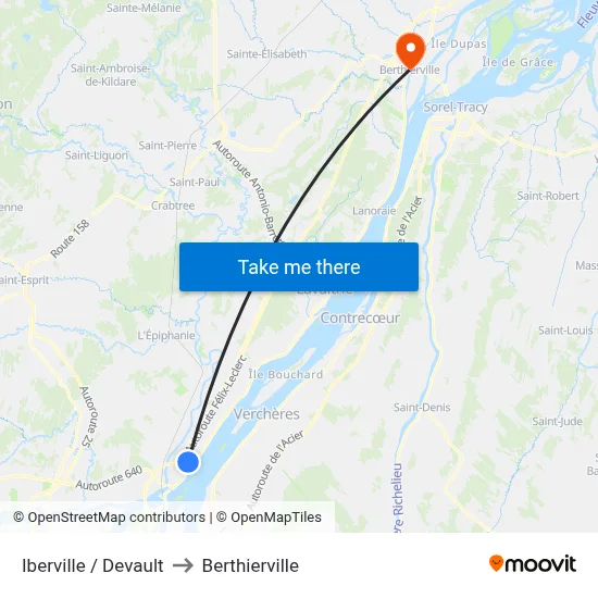 Iberville / Devault to Berthierville map