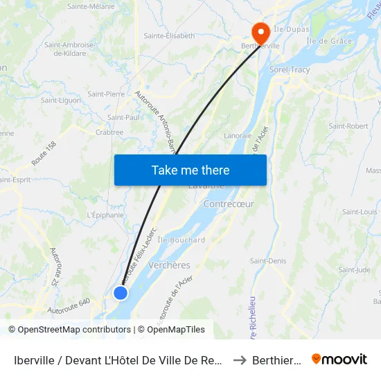 Iberville / Devant L'Hôtel De Ville De Repentigny to Berthierville map