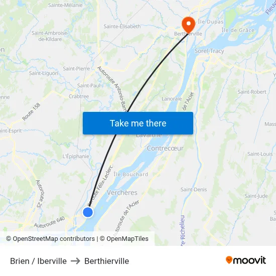 Brien / Iberville to Berthierville map