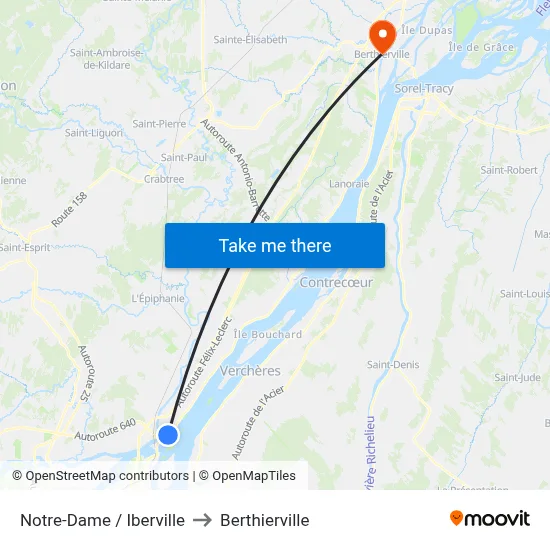 Notre-Dame / Iberville to Berthierville map
