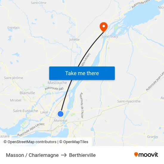 Masson / Charlemagne to Berthierville map