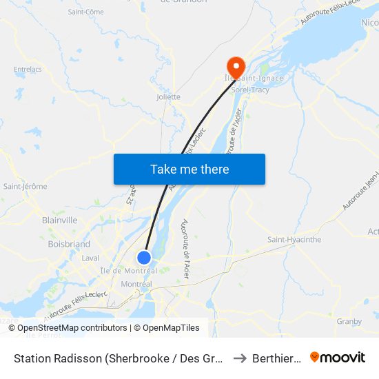 Station Radisson (Sherbrooke / Des Groseilliers) to Berthierville map