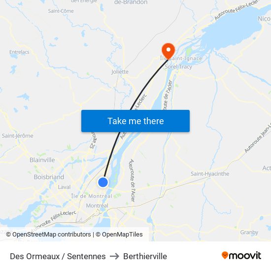 Des Ormeaux / Sentennes to Berthierville map