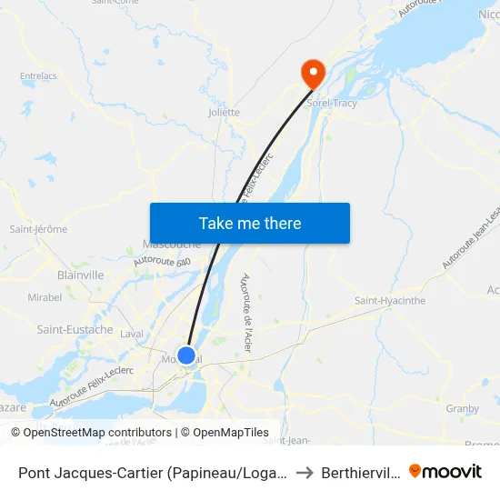 Pont Jacques-Cartier (Papineau/Logan) to Berthierville map