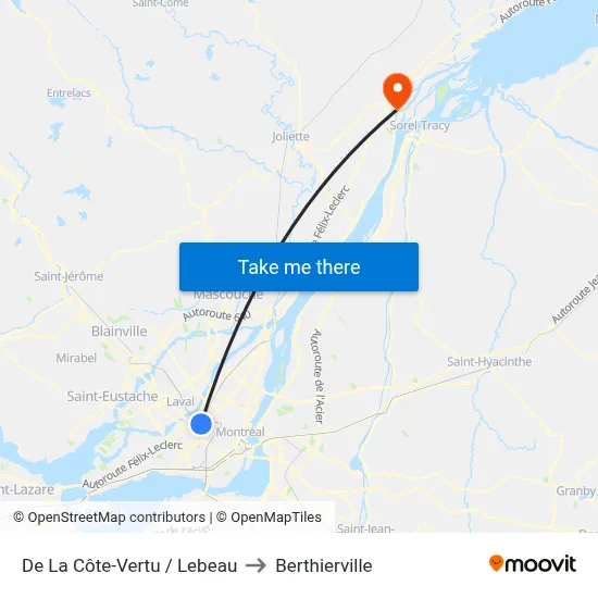 De La Côte-Vertu / Lebeau to Berthierville map