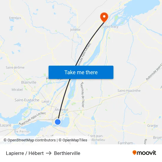 Lapierre / Hébert to Berthierville map