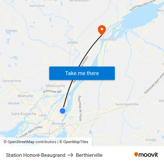 Station Honoré-Beaugrand to Berthierville map