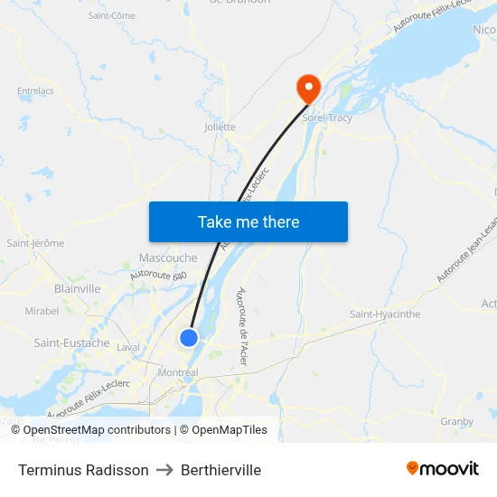Terminus Radisson to Berthierville map