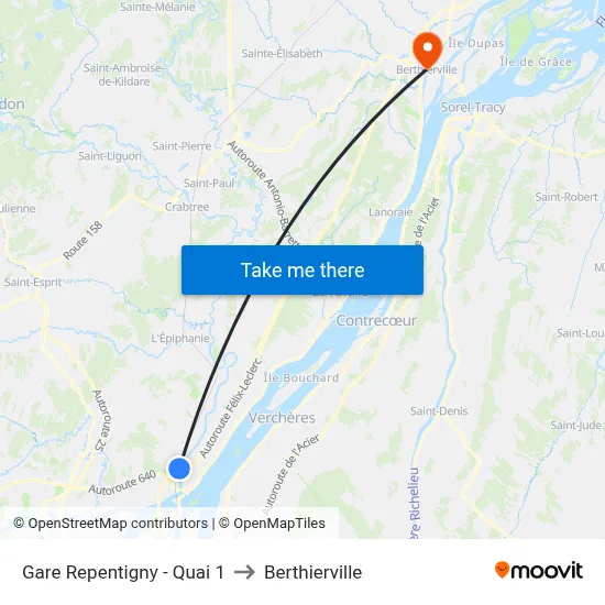 Gare Repentigny - Quai 1 to Berthierville map