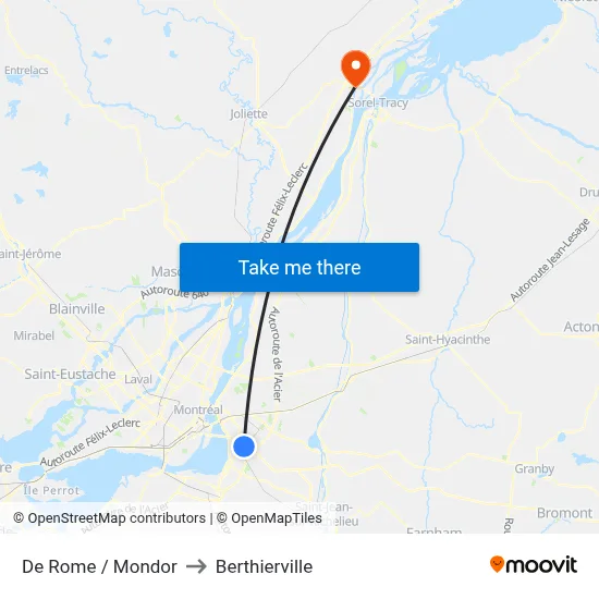 De Rome / Mondor to Berthierville map