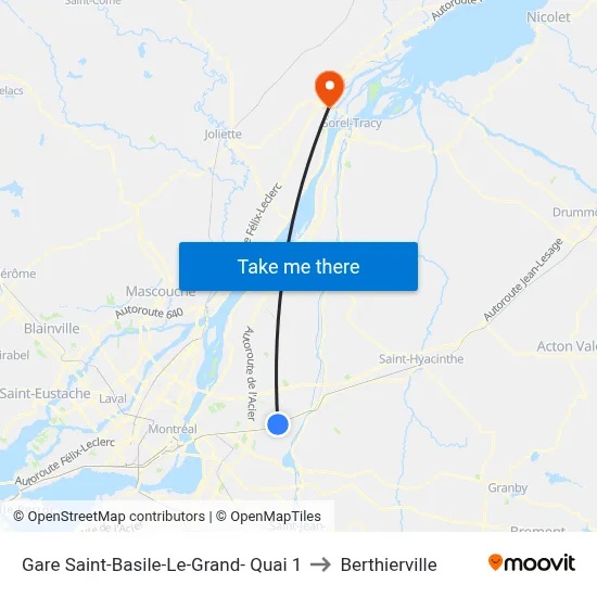 Gare Saint-Basile-Le-Grand- Quai 1 to Berthierville map