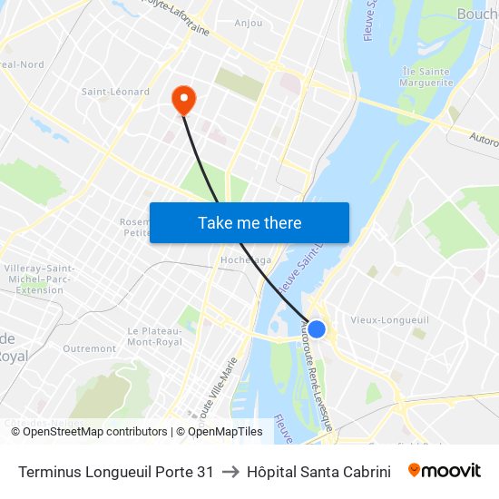 Terminus Longueuil Porte 31 to Hôpital Santa Cabrini map