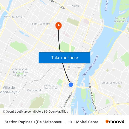 Station Papineau (De Maisonneuve / Cartier) to Hôpital Santa Cabrini map