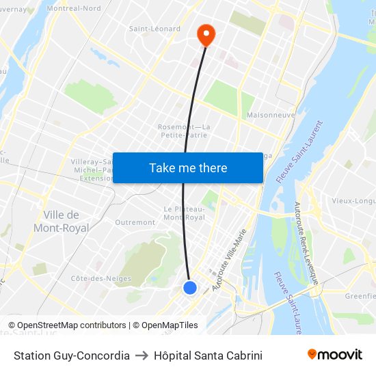 Station Guy-Concordia to Hôpital Santa Cabrini map