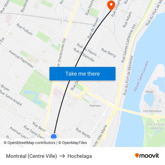 Montréal (Centre Ville) to Hochelaga map