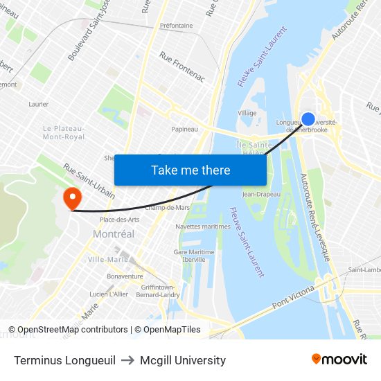 Terminus Longueuil to Mcgill University map