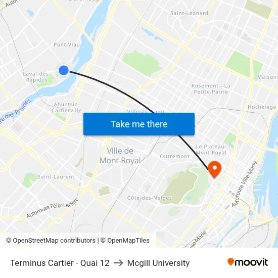 Terminus Cartier - Quai 12 to Mcgill University map