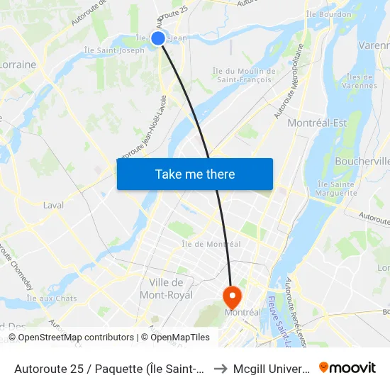 Autoroute 25 / Paquette (Île Saint-Jean) to Mcgill University map