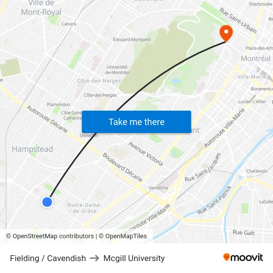 Fielding / Cavendish to Mcgill University map