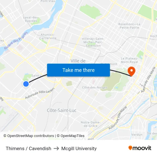 Thimens / Cavendish to Mcgill University map
