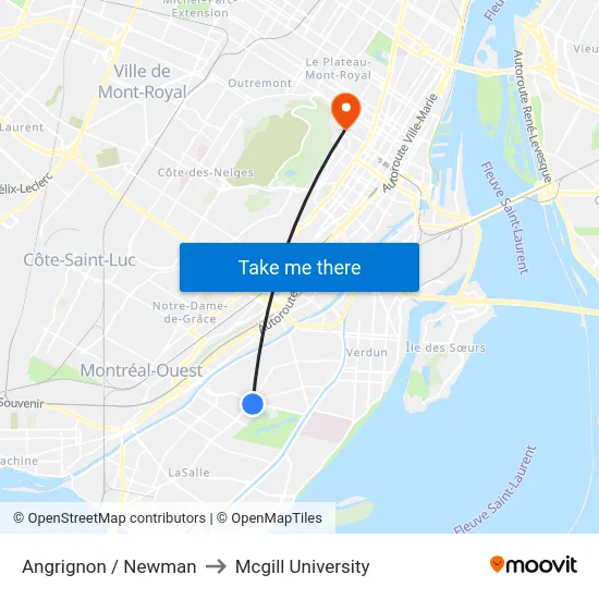 Angrignon / Newman to Mcgill University map
