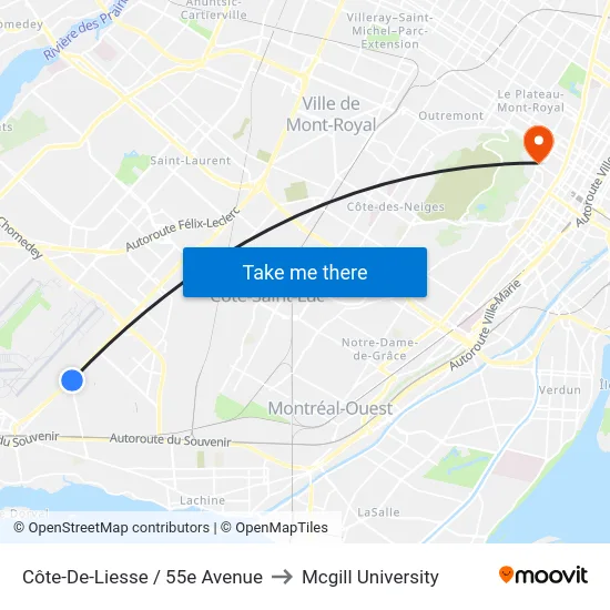 Côte-De-Liesse / 55e Avenue to Mcgill University map