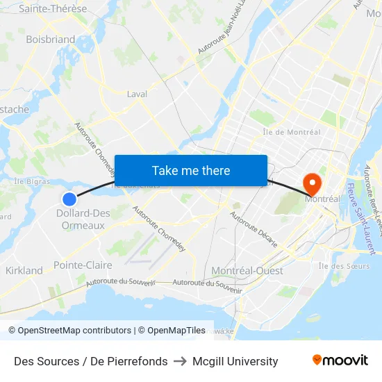 Des Sources / De Pierrefonds to Mcgill University map