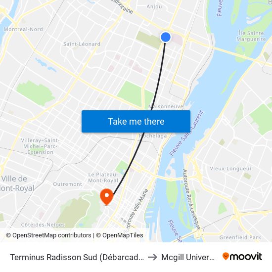 Terminus Radisson Sud (Débarcadère) to Mcgill University map