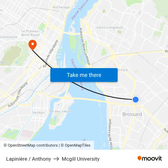 Lapinière / Anthony to Mcgill University map