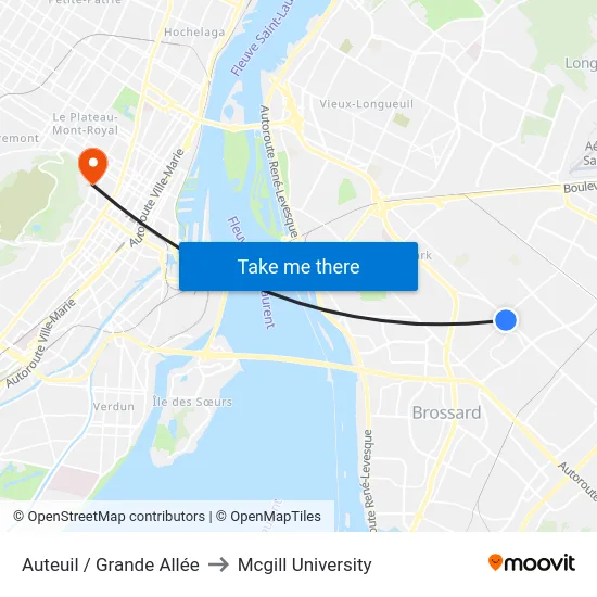 Auteuil / Grande Allée to Mcgill University map