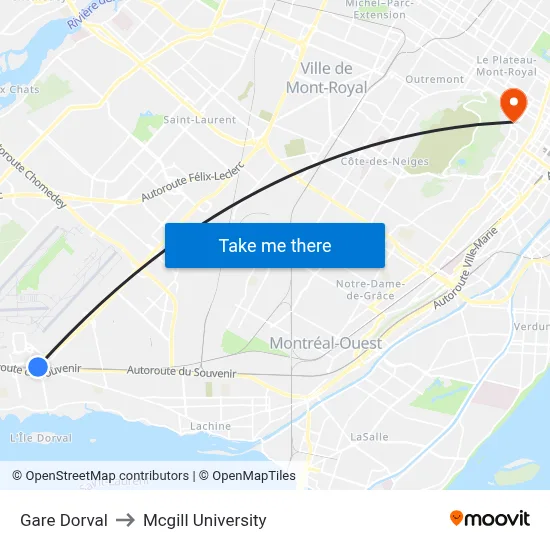Gare Dorval to Mcgill University map