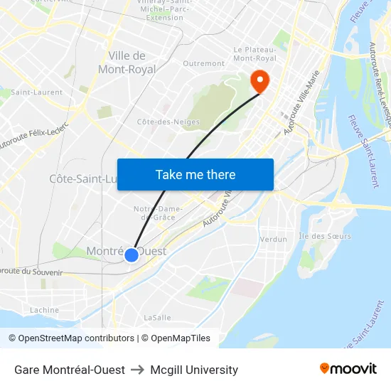 Gare Montréal-Ouest to Mcgill University map